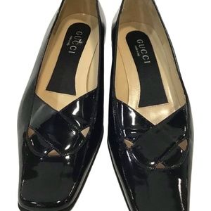 Authentic Gucci Women's Patent Black Criss Cross Low Block Heels